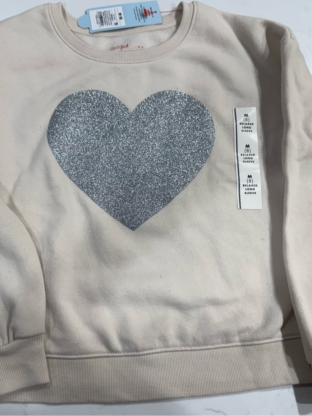 Cat & Jack Cream Sweatshirt with Silver Glitter Heart Graphic